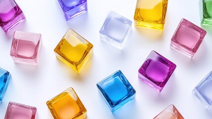 Fototapete - Multi-colored transparent cubes arranged on a white background, modern and clean