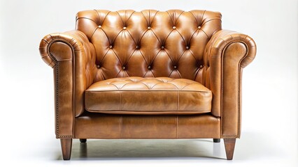 Textured, caramel-brown leather upholstery on a plush armchair, with intricate stitching and button tufting, against a soft, creamy white background.