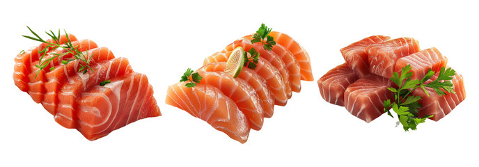 fresh raw salmon slices isolated on transparent background with garnish and herbs.