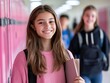 © atdigit - Cheerful Teenage Girl Holding Book in School Hallway with Friends