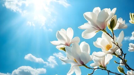 Stunning magnolia flower in full radiant bloom set against a serene clear blue sky with ample copy space  This beautiful botanical image exudes a sense of tranquility freshness and natural elegance