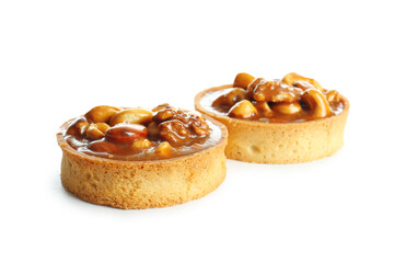 Sticker - Tasty tarts with nuts and caramel isolated on white background