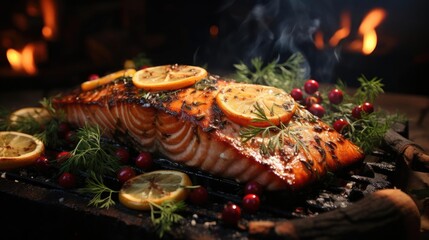 Poster - Delicious grilled salmon with vegetable topping, black and blurred background