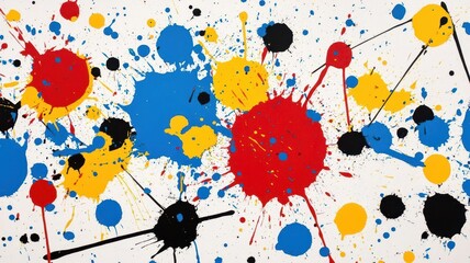 An abstract art piece showcasing vibrant paint splatters in red, blue, yellow, and black on a white canvas.