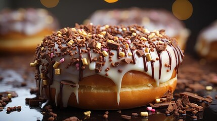 Wall Mural - Closeup sweet donuts filled with melted chocolate and sprinkles with a blurred background