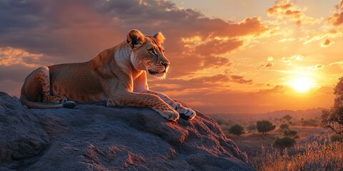 Wall Mural - majestic lioness at sunset