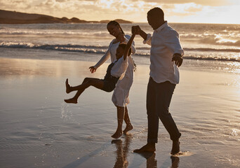 Poster - Holding hands, swing and walking with black family on beach together for holiday, travel or vacation. Love, nature or water with mother, father and son in ocean or sea for bonding, fun and wellness