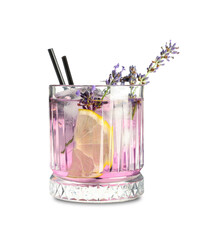 Wall Mural - Glass of fresh lavender lemonade with flowers on white background