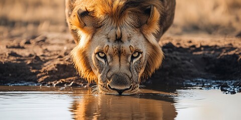 Wall Mural - african lion drinking water in the savanna