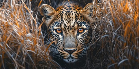 Wall Mural - stealthy leopard hidden in savanna grass, eyes glowing