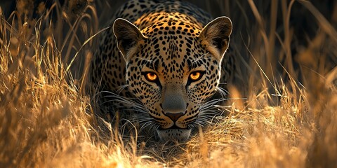 Wall Mural - stealthy leopard hidden in savanna grass, eyes glowing