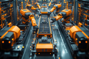 Poster - Robotic arm working on part of a car engine in a futuristic factory, showcasing the advancements of automation in manufacturing