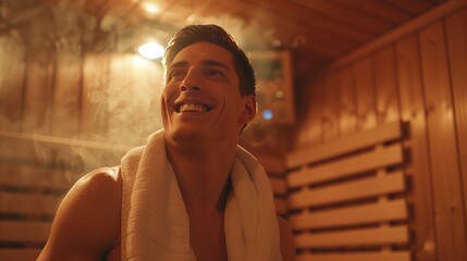 Happy handsome young man relaxation in the wooden sauna room interior indoors with steam, smiling, towel around his neck. Hot temperature, spa leisure treatment, warm, healthy, sweat 