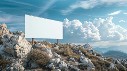 Poster - Large wide horizontal white blank billboard sign for advertisements on the rocky mountain top, sky in the background. Business poster commercial board outdoors, marketing frame mockup for promotion 