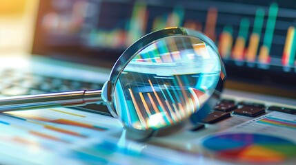 Poster - Magnifying glass or lupe placed on the laptop or notebook device keyboard, enlarging the website traffic metrics, graphs and analytics for the ranking of the blog on the internet or web online 