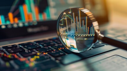 Poster - Magnifying glass or lupe placed on the laptop or notebook device keyboard, enlarging the website traffic metrics, graphs and analytics for the ranking of the blog on the internet or web online 