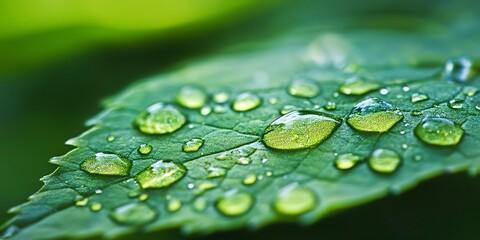 Wall Mural - water droplets on green leaf, nature photography, morning dew, stream, close-up macro, water drops o