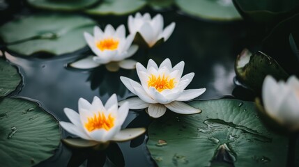 Wall Mural - Closeup of white water lilies, daytime