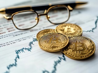 Still life of Bitcoin coins with a stock market chart, pen, and eyeglasses on a financial document Warm tones, shallow depth of field, and a professional setting