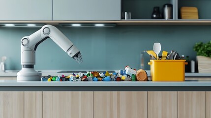 Poster - a photograph showcasing a robot efficiently sorting recyclables in a sleek modern kitchen highlighti