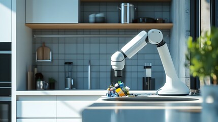 Poster - a photograph of a robot sorting recyclable materials in a modern sustainable kitchen highlighting th