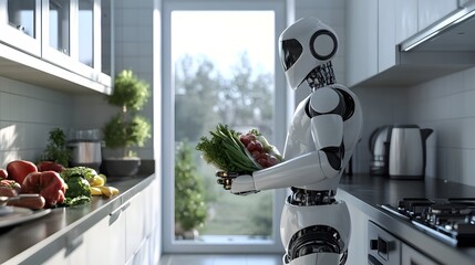 Poster - a photograph of a robot placing grocery items on kitchen shelves representing the concept of househo