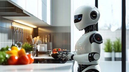 Poster - futuristic robot chef cooking a meal in a sleek modern kitchen with clean background space for text 