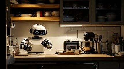 Poster - a photograph of a robot meticulously organizing kitchen cabinets with ample space around for text sy