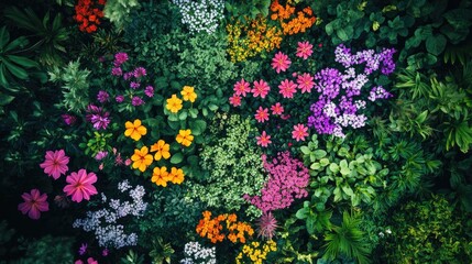 Poster - Aerial view of a colorful flower garden in spring, vibrant blooms and lush green foliage, nature background