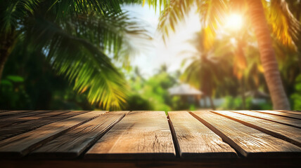 Wall Mural - A wooden table with a banana tree in the background, slightly blurred, with soft sunlight filtering through the large leaves, emphasizing the tropical vibe.