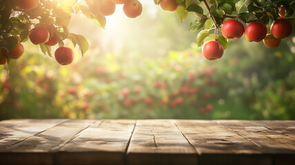 Wall Mural - A wooden table with an apple tree as a backdrop, with a blurred background, and soft sunlight shining in to highlight the crisp, red apples hanging from the branches.