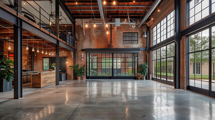 Poster - a spacious warehouse with exposed brick walls, high ceilings, and large windows.