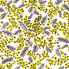 Wall Mural - Yellow mimosa flowers, dark branches on a light pink background. Simple floral vector seamless pattern. For fabric and textile prints.