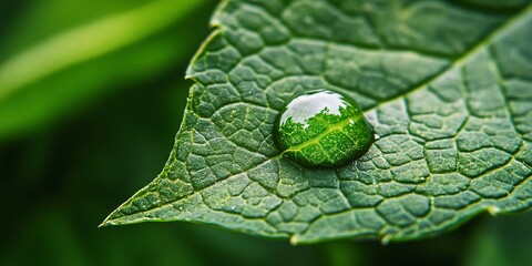 Wall Mural - close-up of a dewdrop on a vibrant green leaf, ideal for nature and wellness themes, close-up, macro