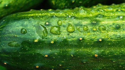 Close-up of a green cucumber with a smooth surface, fresh vegetable and healthy eating concept, nature background