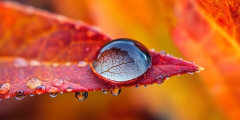 Wall Mural - specialized macro lens on a professional to capture a dewdrop glistening on the edge of a leaf