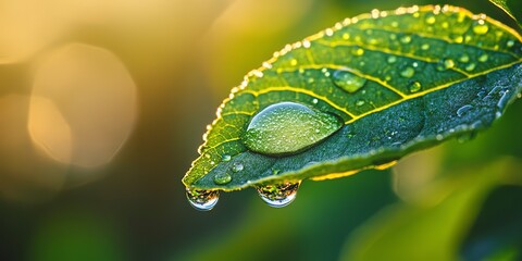 Wall Mural - specialized macro lens on a professional to capture a dewdrop glistening on the edge of a leaf