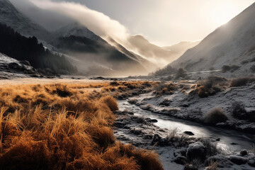 Sticker - Frosty landscape in mountainous valley