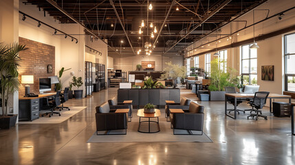 Poster - a multifunctional warehouse space with modular furniture that can be easily rearranged. Incorporate movable partitions, rolling workstations, and adaptable storage solutions to maximize flexibility 