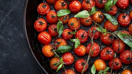 Wall Mural - Roasted cherry tomatoes with herbs, cast iron skillet