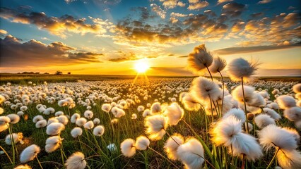 Warm golden light of a serene sunset casts a gentle glow on a lush field of fluffy white cotton, swaying softly in the breeze.