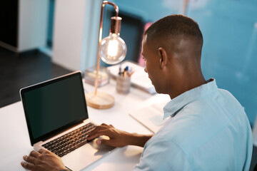 Poster - Business man, laptop and night in office with deadline and social media project with digital planning. Technology, working and professional back with content writer and research for website strategy