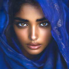 Wall Mural - an Indian model wearing a blue scarf, posing for an ad campaign