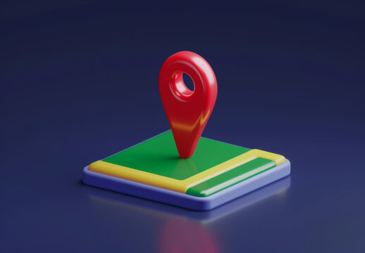 A red and green point on a map. The map is a 3D rendering of a city