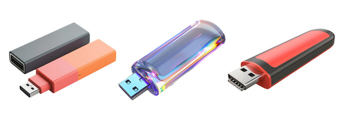 USB flash drives set isolated on transparent background with different designs and colors.