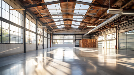 Poster - warehouse's natural light Enhanced by incorporating large skylights and expansive windows.  glass partitions and reflective surfaces to distribute light throughout the space, creating a bright 