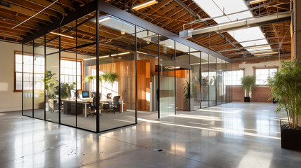 Poster - warehouse's natural light Enhanced by incorporating large skylights and expansive windows.  glass partitions and reflective surfaces to distribute light throughout the space, creating a bright 
