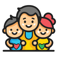 Cartoon illustration of a happy family of three, featuring a smiling father, son, and daughter holding hearts.