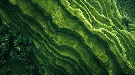 Wall Mural - Aerial view of rice terraces in Bali, multiple layers, green colors