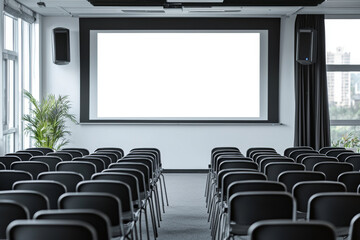 Wall Mural - A large empty auditorium with rows of black chairs